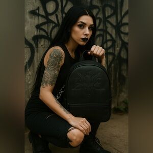 Blackcraft Cult Black Faux Leather Backpack with Baphomet Embossed Design